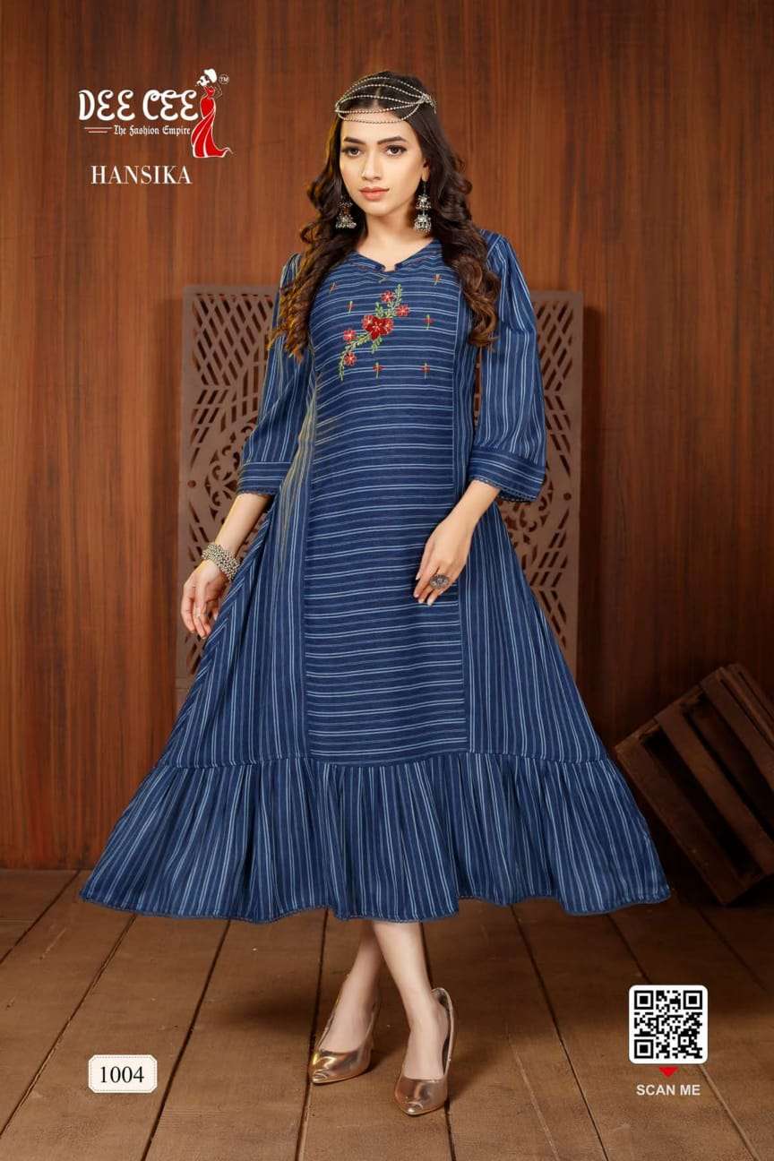 HANSIKA FULL FLAIRED LONG KURTI WITH EMBROIDERY WITH HANDWORK 