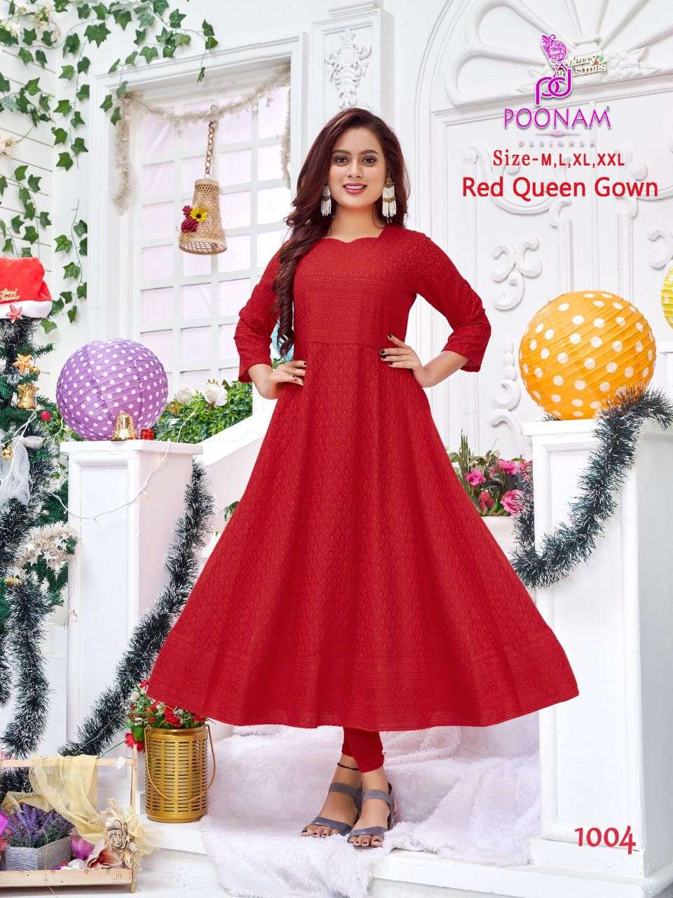 Poonam Launching Red Queen Rayon Chikan Work Gown