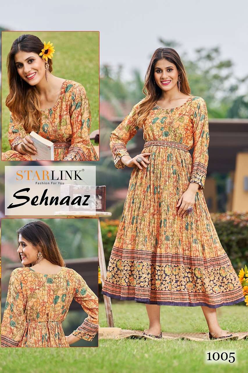 STARLINK SEHNAAZ  Launches new kurti CHINNON DIGITAL PRINT WITH CRUSH WITH HAND WORK LESS & PATTI