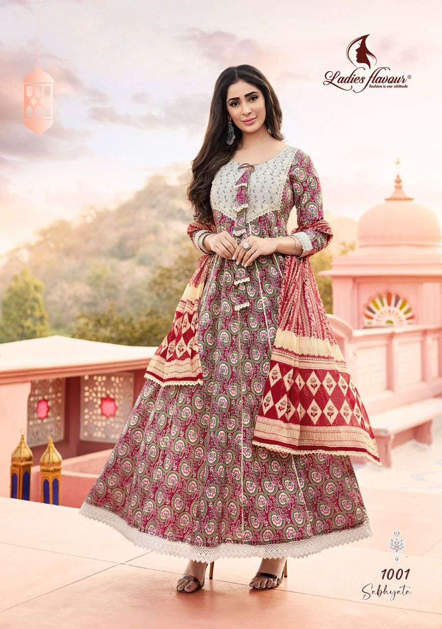  Ladies Flavour Sabhyata  Launch Premium cotton Print with Anarkali Gown Collection + Dupptta Catloug 