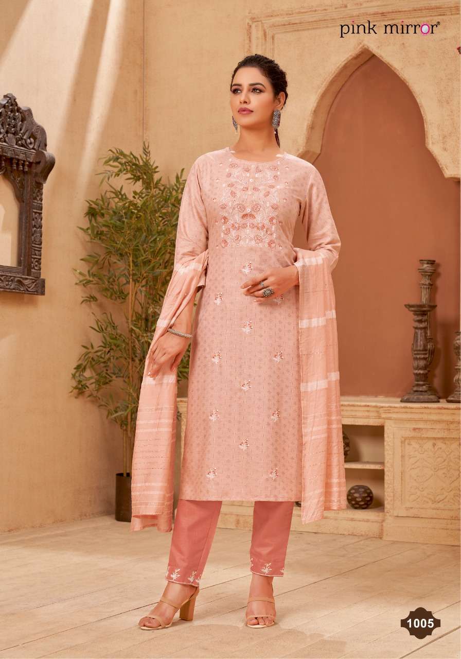pink mirror portrait designer embrodery kurti pent duppta wholesale collection