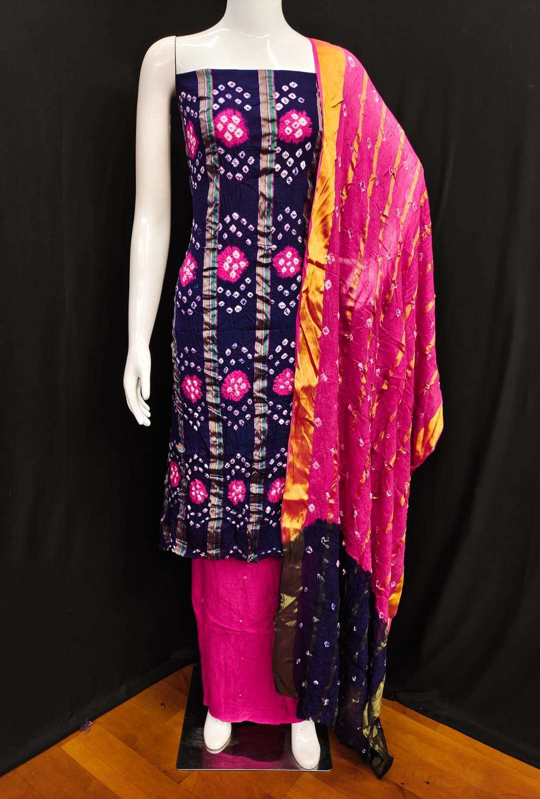 Maya Cotton With Jacquard Panel Hand Bandhej Dress Material Wholesale