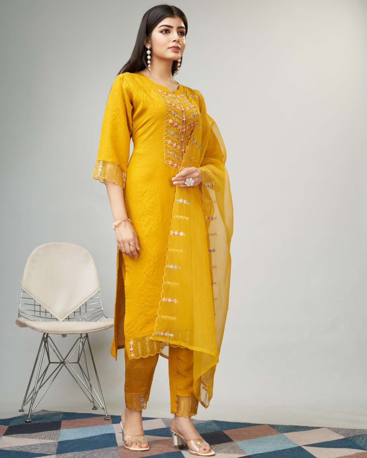 Buy Yellow Designer Embroidered Party Wear Rayon Kurti | Cotton Kurtis