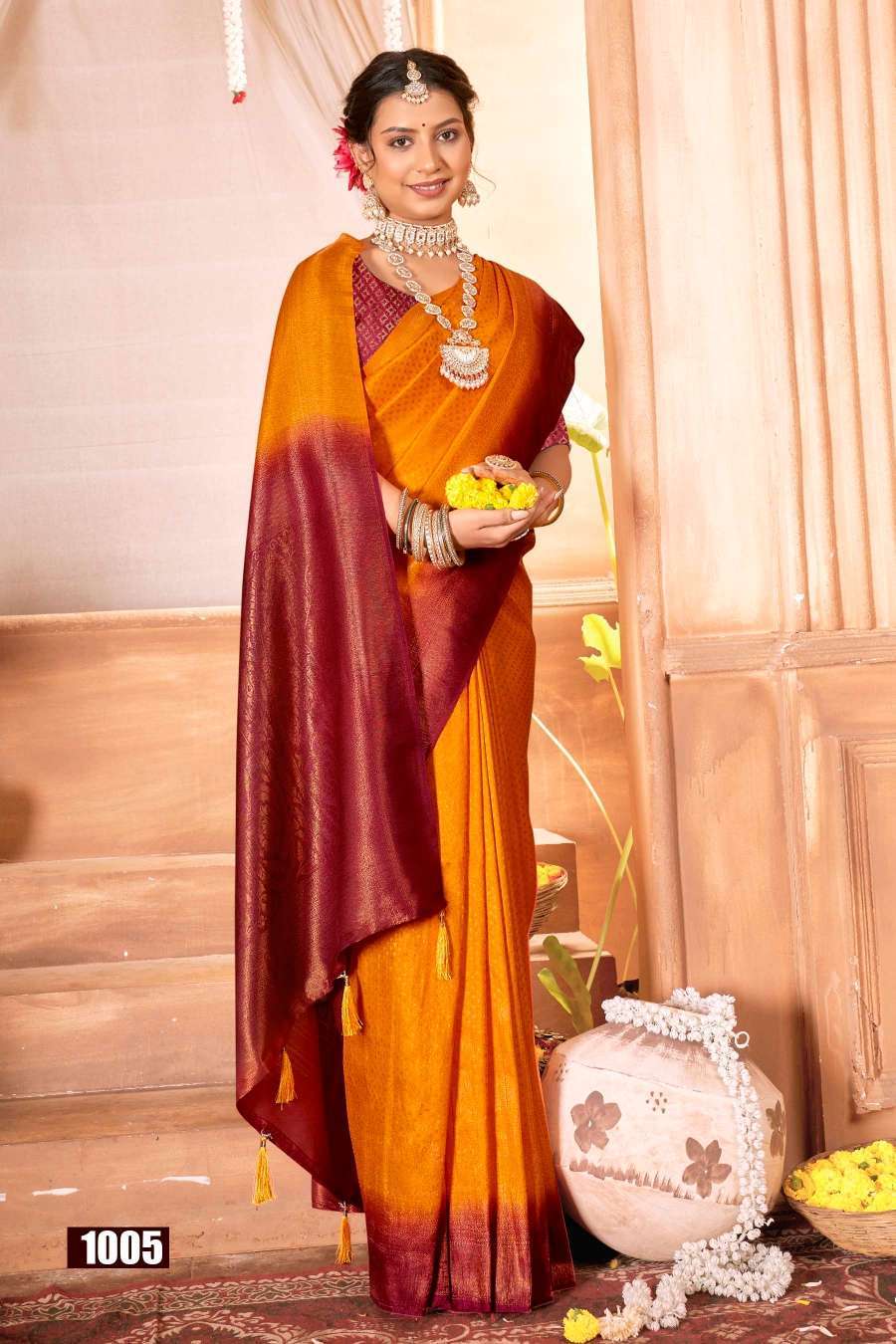 Buy Beige pink silk saree with silk blouse online at best price – Karagiri