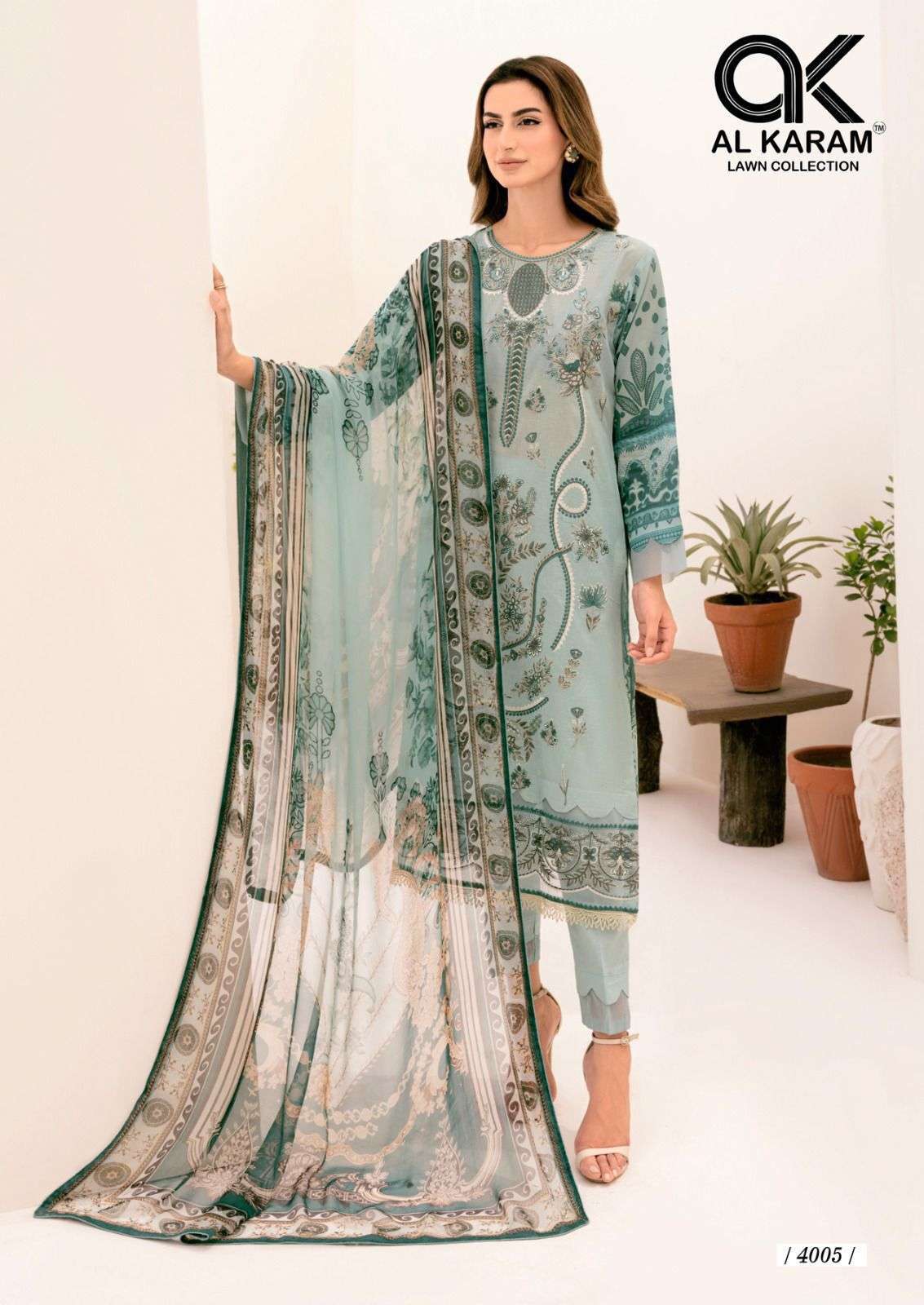 AL KARAM CHIKANKARI EMBROIDERED COTTON DIGITAL PRINT KARACHI SUITS -  Geetanjali Fashions