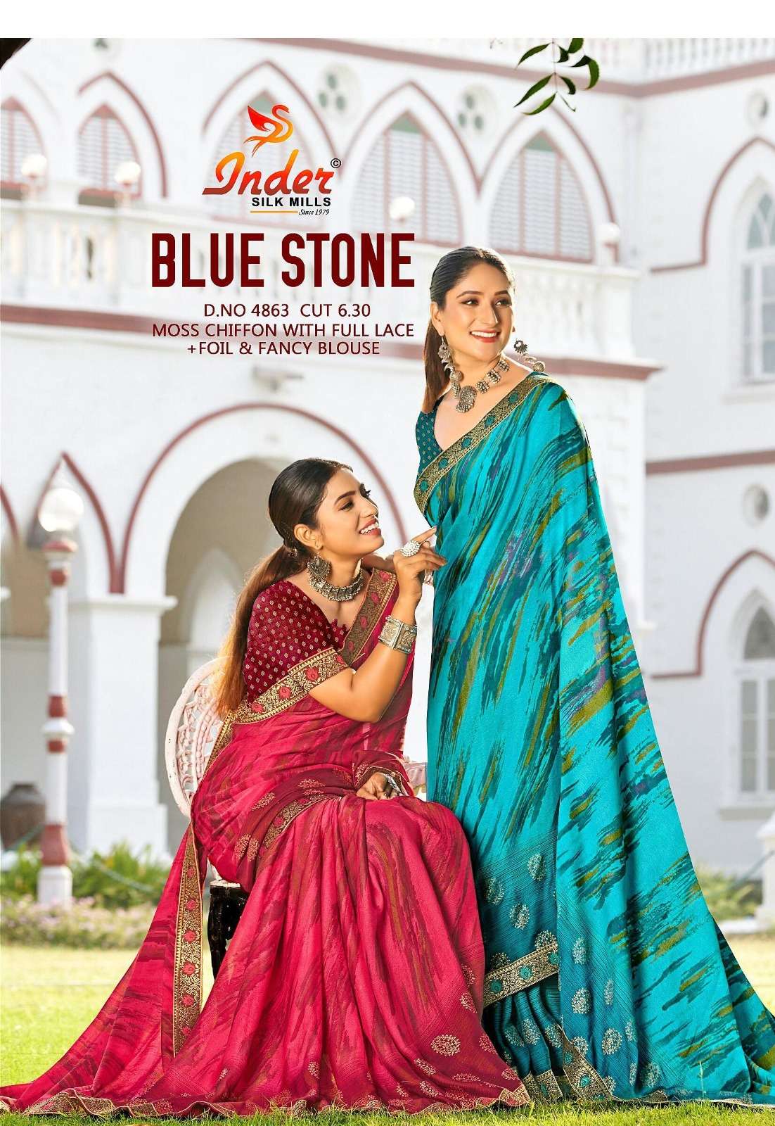 Blue stone by inder silk moss chiffon saree wholesaler in surat
