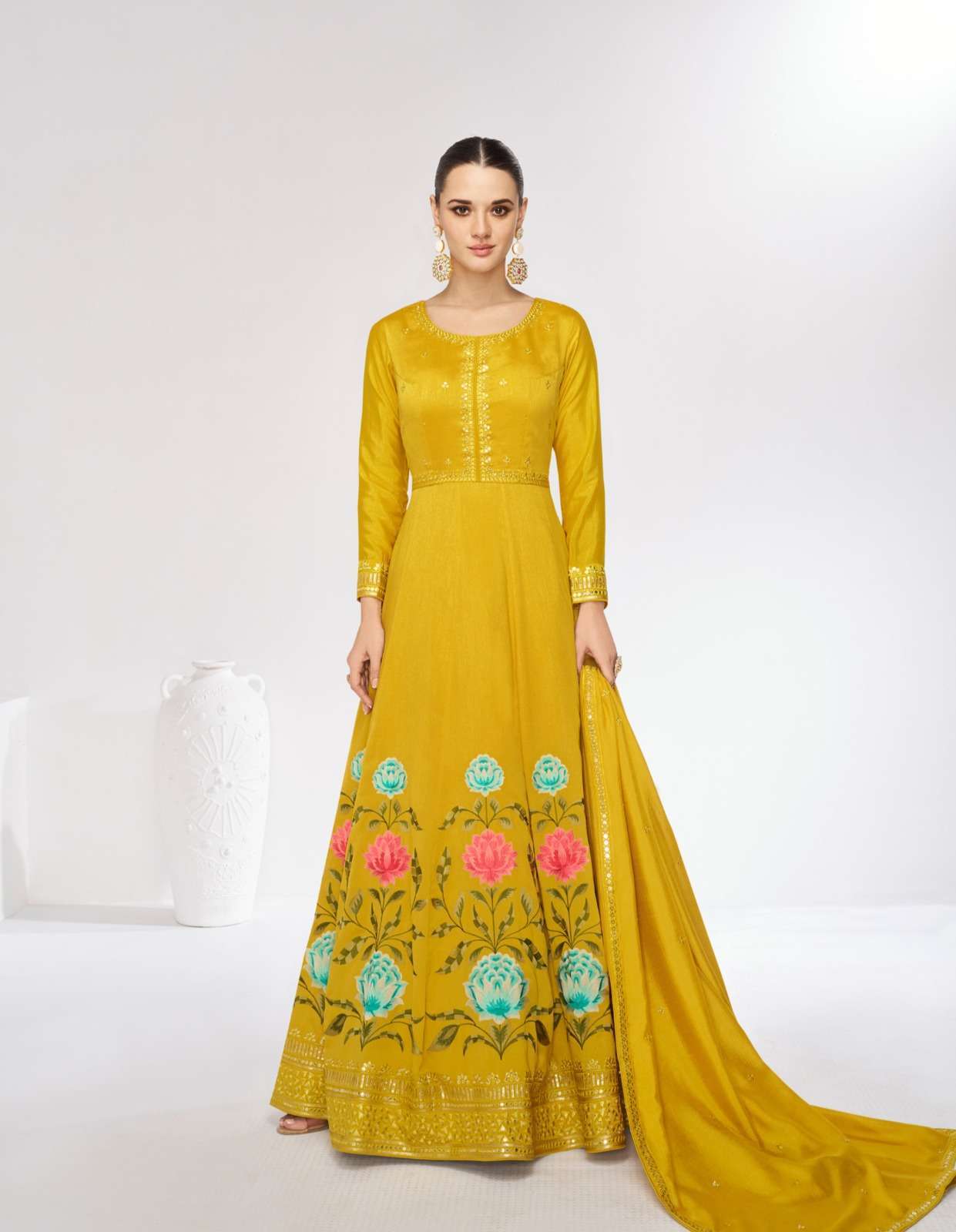 Aashirwad Mari Gold Premium Silk Gown With Dupatta orders in Mumbai