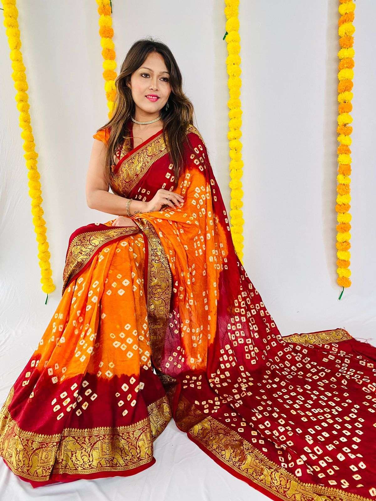 Orange bandhani sari wholesale for resale market