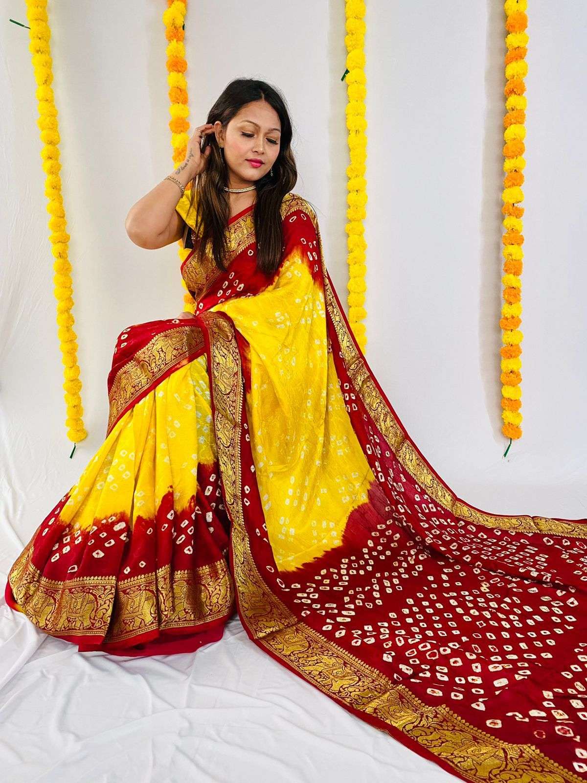 Yellow Bandhani saree in art silk single in wholesale price 