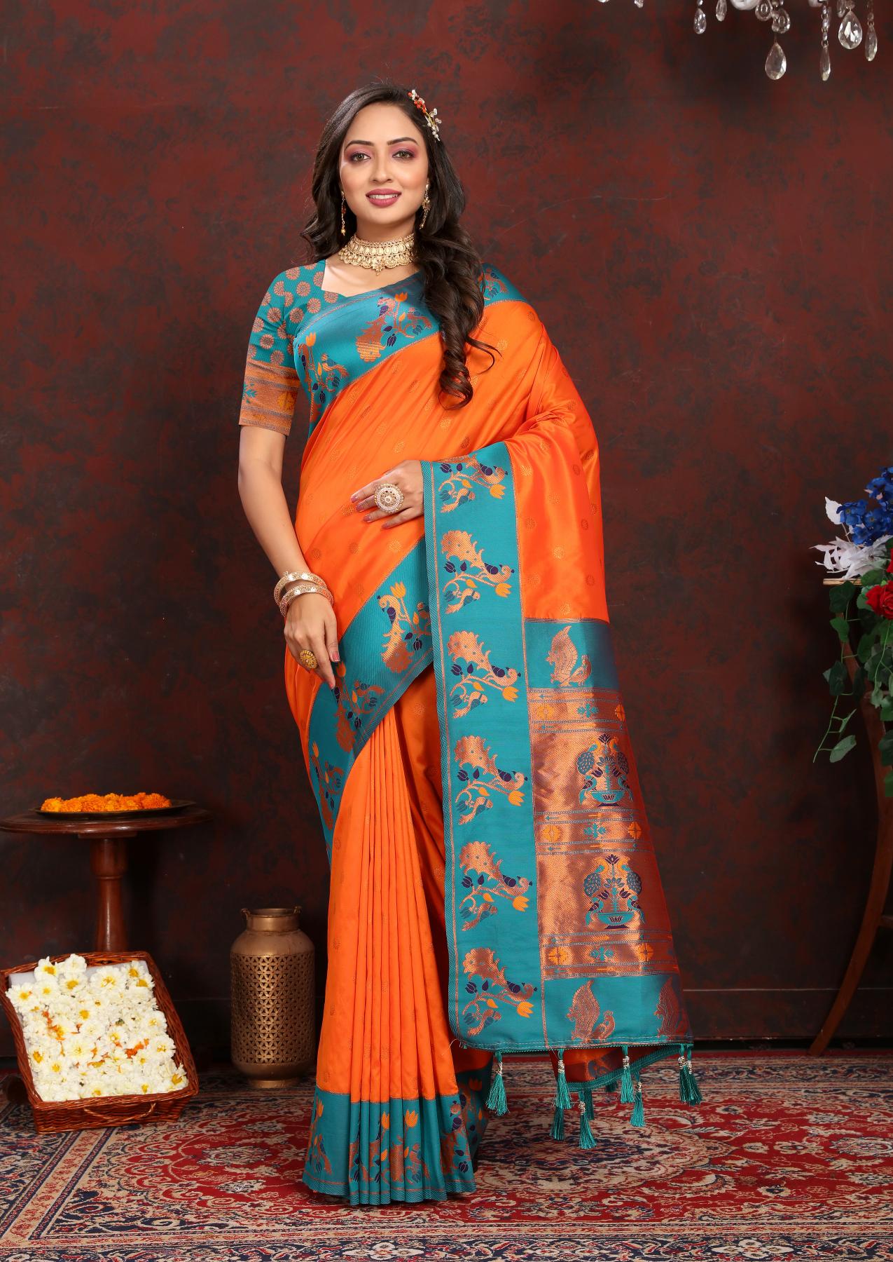 artriddhs murthy orange paithani saree single in wholesale price