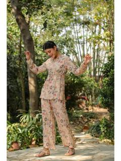 Sabella New Floral Muslin Silk Printed Peplum Co-Ord Set Designer Kurti distributors in hyderabad