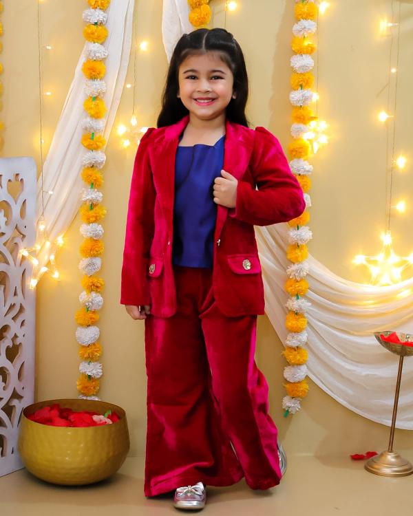 Artriddhs girl  Coat pattern and bell bottoms pant with sleeveless top co-ord set wholesale