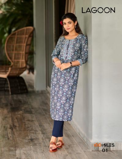 100 Miles Lagoon Embroidered digital printed Kurtis