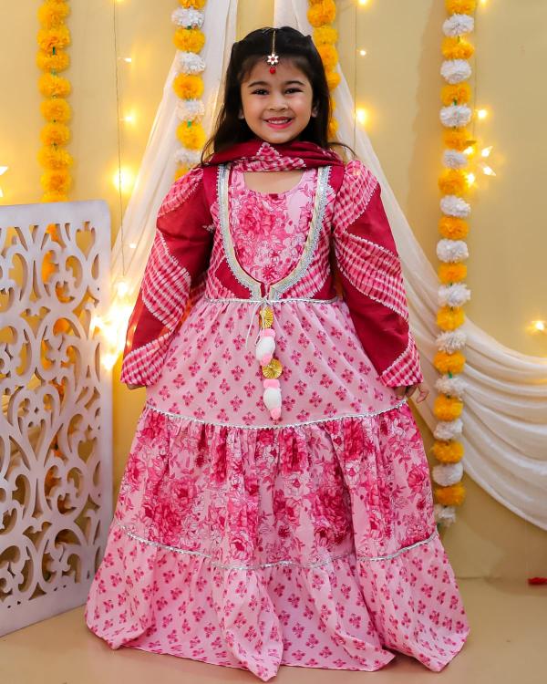 Art Riddhs vol 3 red three layers long anarkali kids kurti manufacture in surat