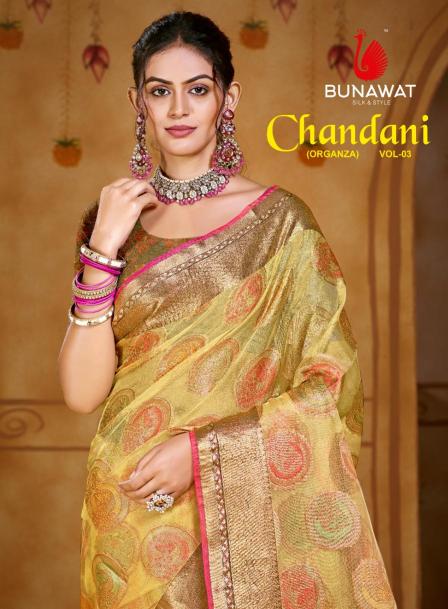 bunawat chandani 03 festival wear organza fabric with  fancy lace work wholsale sarees