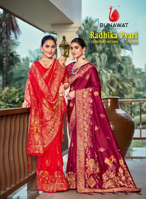 bunawat radhika pyari vol - 02 festival wear wedding wear silk fabric saree with siroski ston work fancy wholesale saree