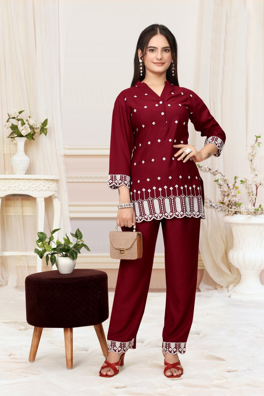 Art Riddhs Rayon Fancy Schiffly Work Co Ord Set at wholesale rate in surat