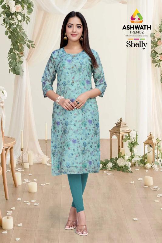 Ashwath Selly Tissue A line printed kurti manufacturer in surat 