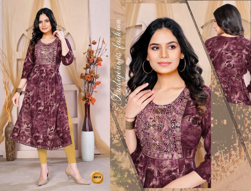 Beauty queen frilly vol 1 rayon printed naira cut kurti at wholesale rate 