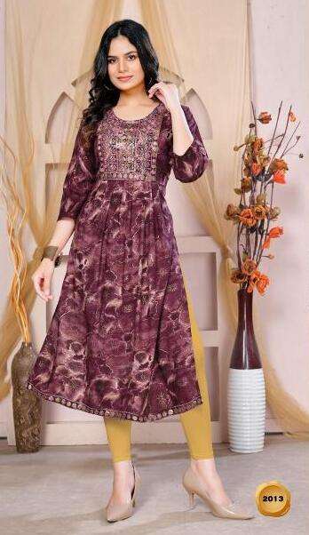 Beauty queen frilly vol 1 rayon printed naira cut kurti at wholesale rate 