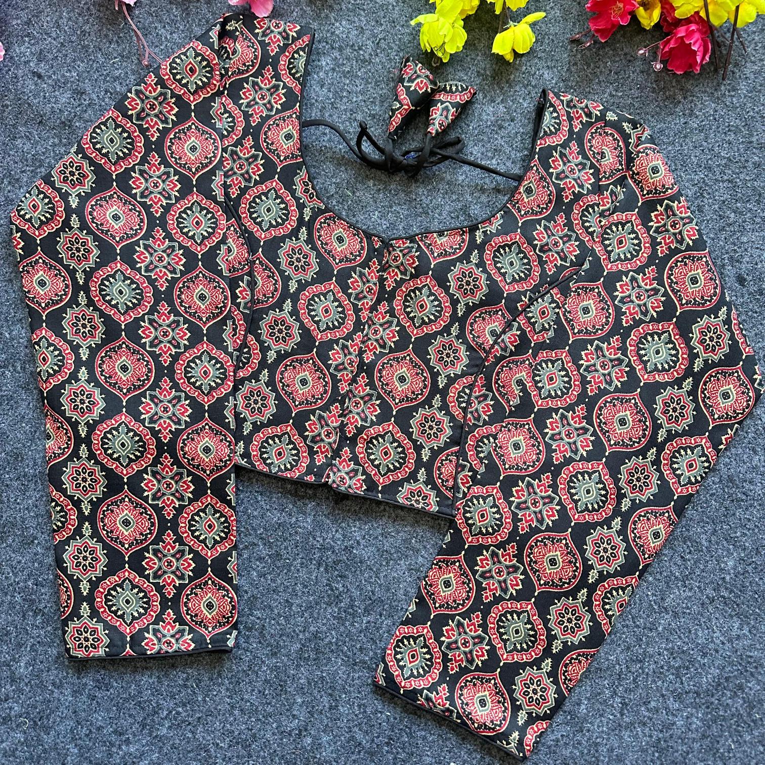 Blousewala Cotton Ajrakh Print V Neck Blouse Wholesaler in surat