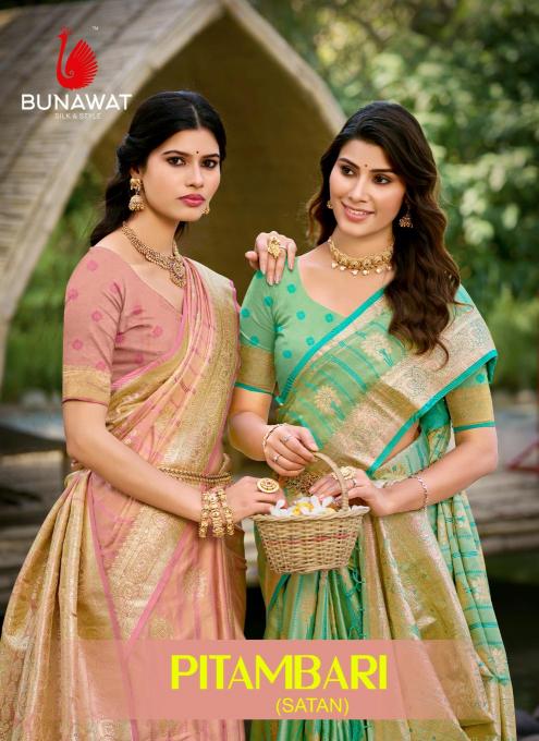 bunawat pitambari satan silk wedding festival wear silk fabric saree collection