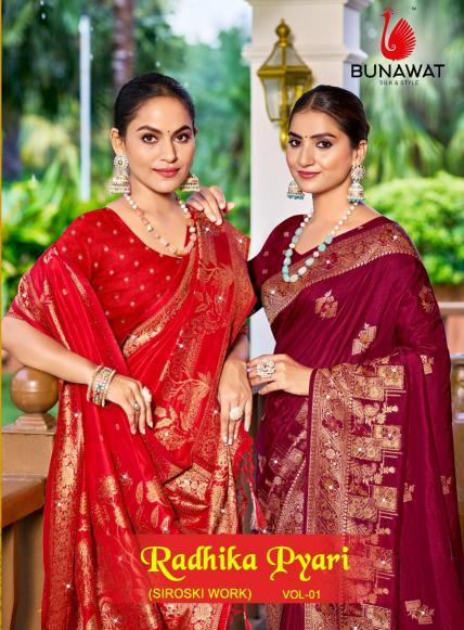 bunawat radhika pyari vol - 01 festival wear wedding wear silk fabric saree with siroski ston work fancy wholesale saree