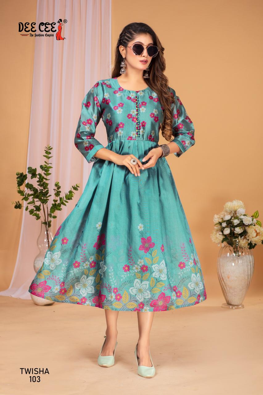 Deecee Trisha zarna silk printed flared long kurti manufacturer in surat 