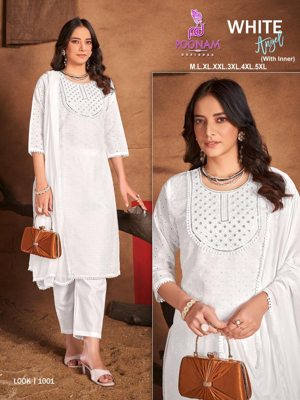 Poonam White Angle cotton kurti pant set with dupatta wholesale