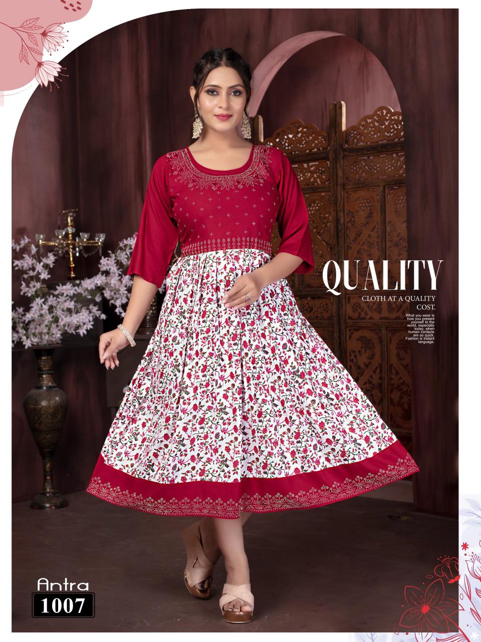 Trendy Antra Rayon Printed Anarkali trends kurti wholesale