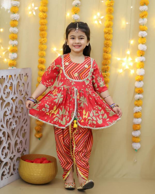 Little Zing Girls Floral cotton anarkali kurti and duppta set wholesaler in surat