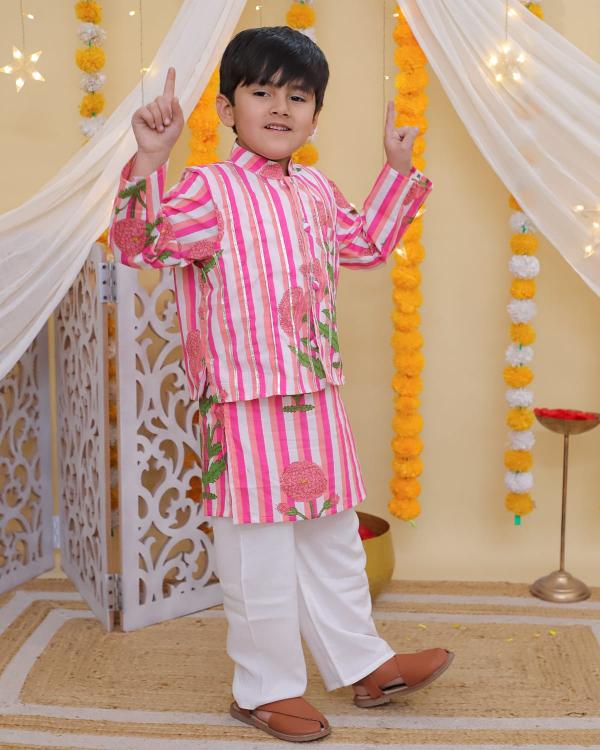 TINY KIDS BOYS PINK PRINTED KURTA JACKET WITH PAJAMA WITH SET WHOLESALE IN INDIA