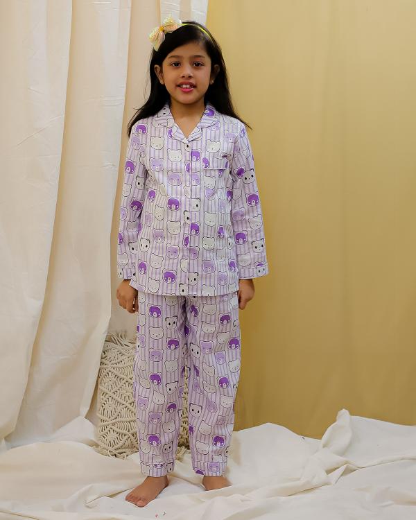 TINY KIDS COTTON PURPLE NIGHT SUIT SET FOR GIRL WHOLESALER IN SURAT