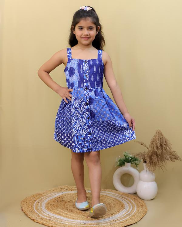 Tiny Kids Stylish Strap A-line Blue Frock For Girls Manufacture in Surat