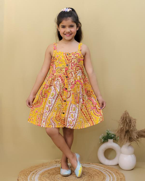 Tiny Kids Stylish Strap A-line Yellow Frock For Girls wholesale supplier in Gujarat