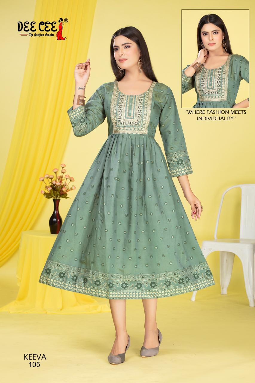 DEECEE KEEVA ROMAN SIMMER FLARED PRINT KURTI SHOP IN SURAT