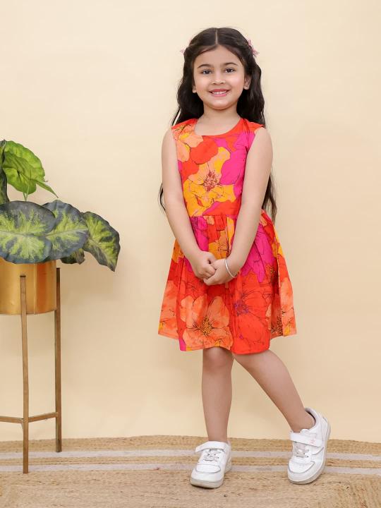  KIDS GIRL ORANGE FLORAL PREMIUM COTTON FROCK WHOLESALE ONLINE INDIA