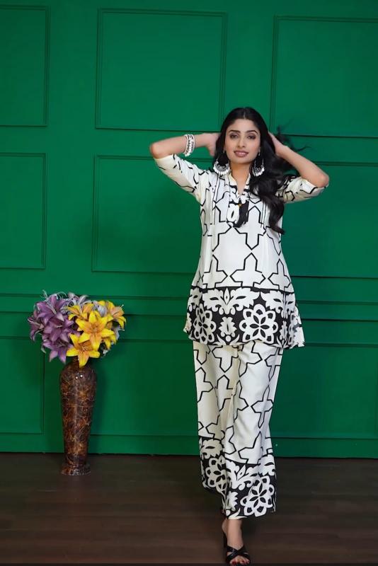 LADIES RAYON PRINTED WHITE CO-ORD SET WHOLESALE SET ONLINE