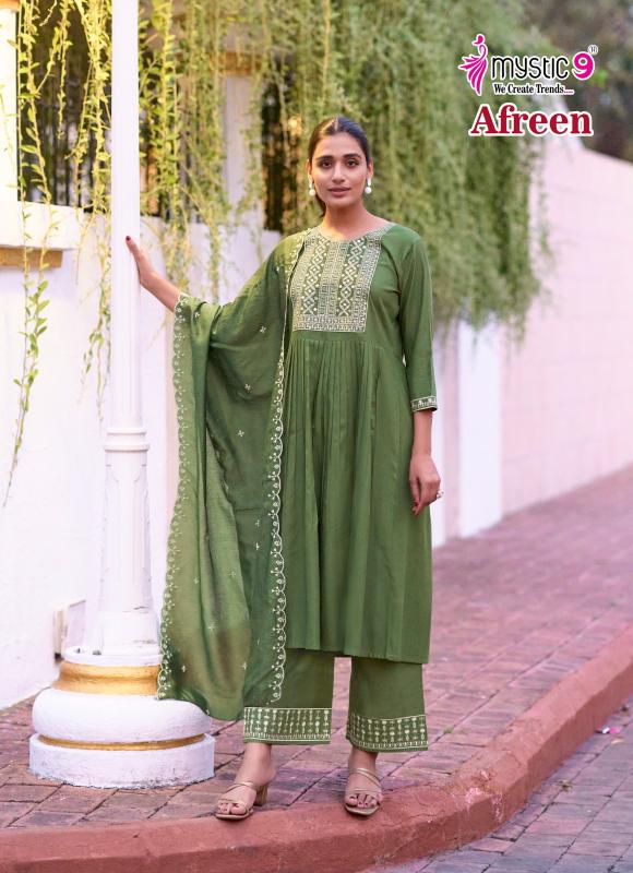 MYSTIC9 AFREEN VOL 1 EMBROIDERY ON NECK KURTI PLAZZO WITH DUPATTA SET MANUFACTURERS IN INDIA