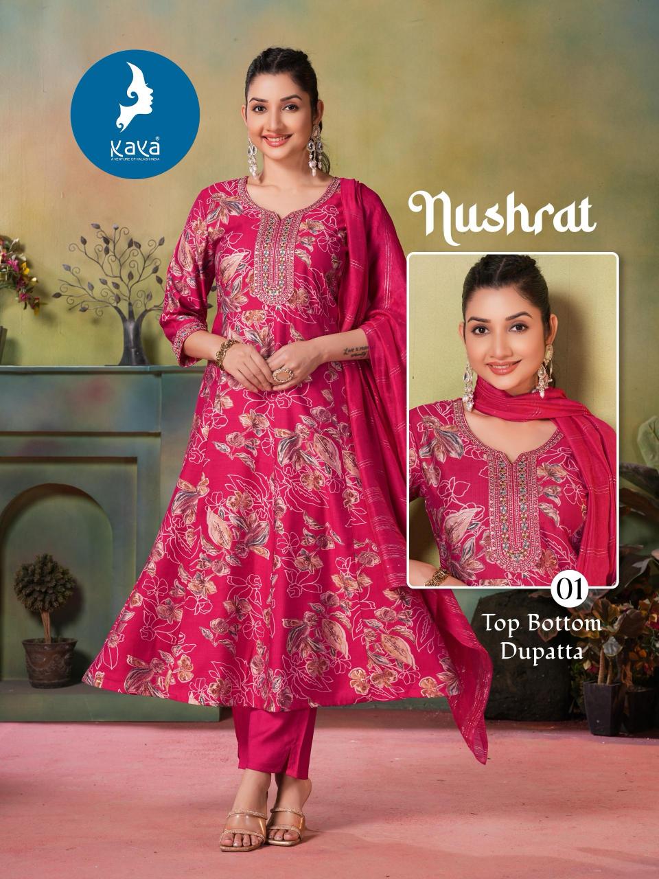 Kaya kurti nushrat vertical print with foil top bottom dupatta kurtis manufacturer