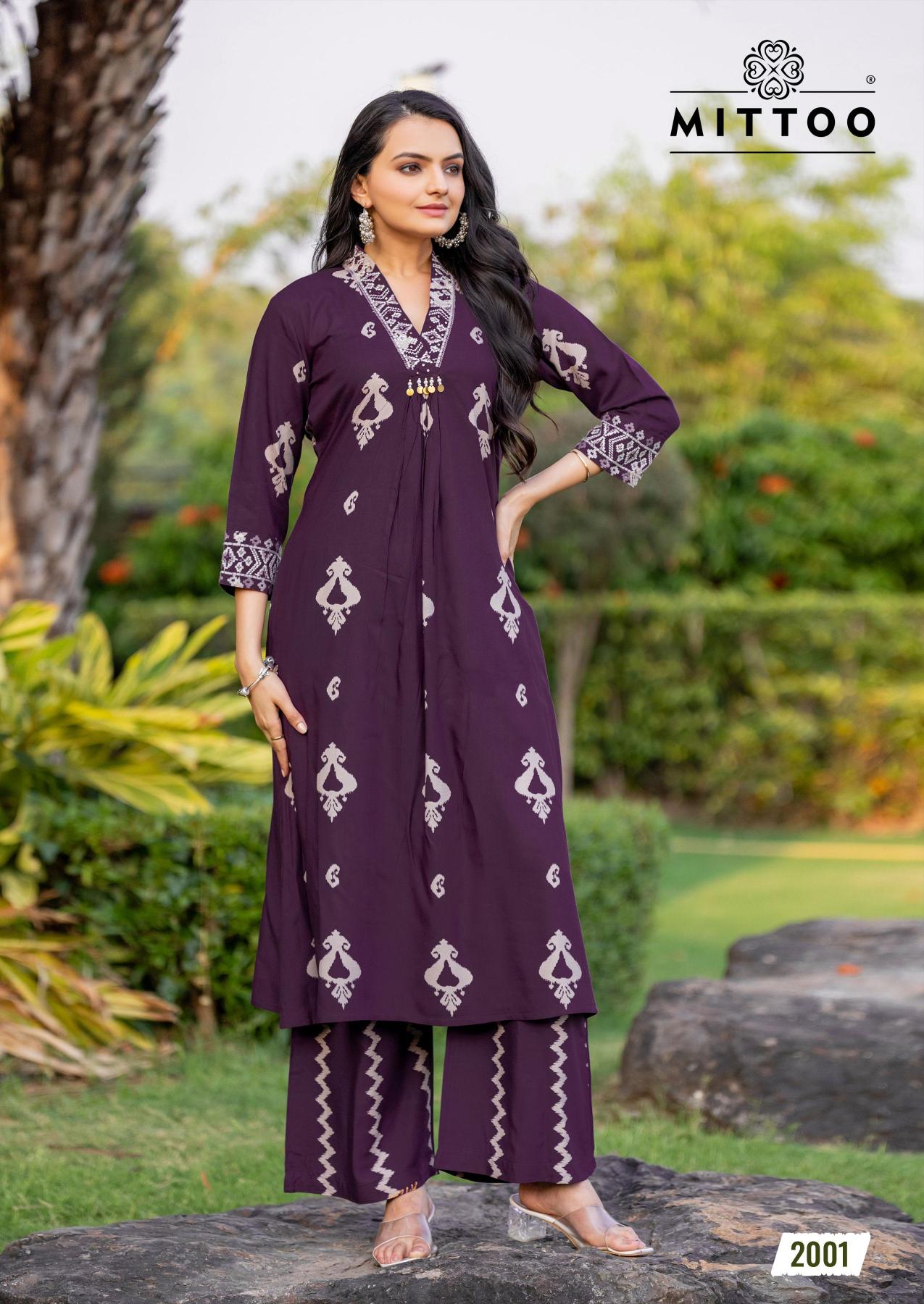 Mittoo vitara rayon print top bottom designer kurti manufacturer