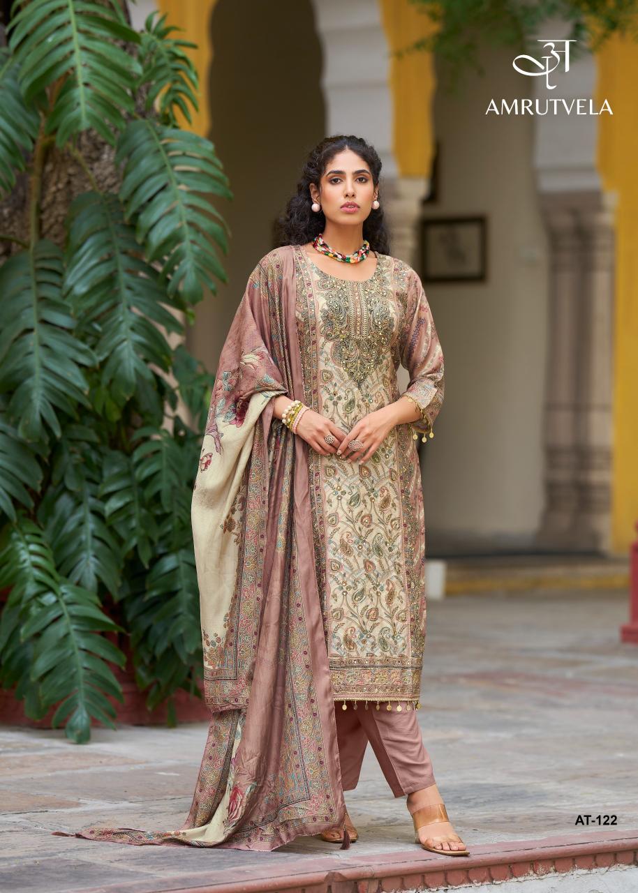 Amrutvela Pure viscous Maslin digital print and hand work pranjul dress material wholesale price