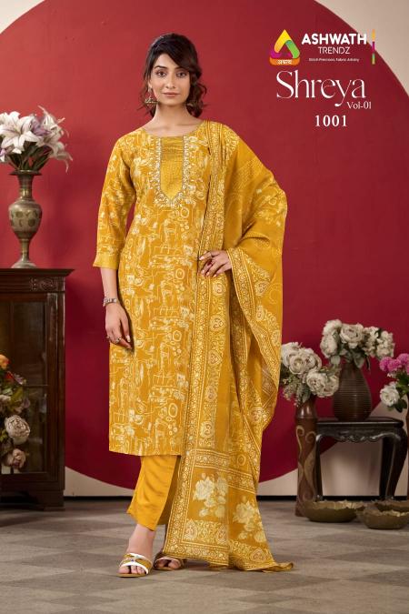 Ashwath trendz shreya vol 1 saffron silk top bottom dupatta kurti manufacturers