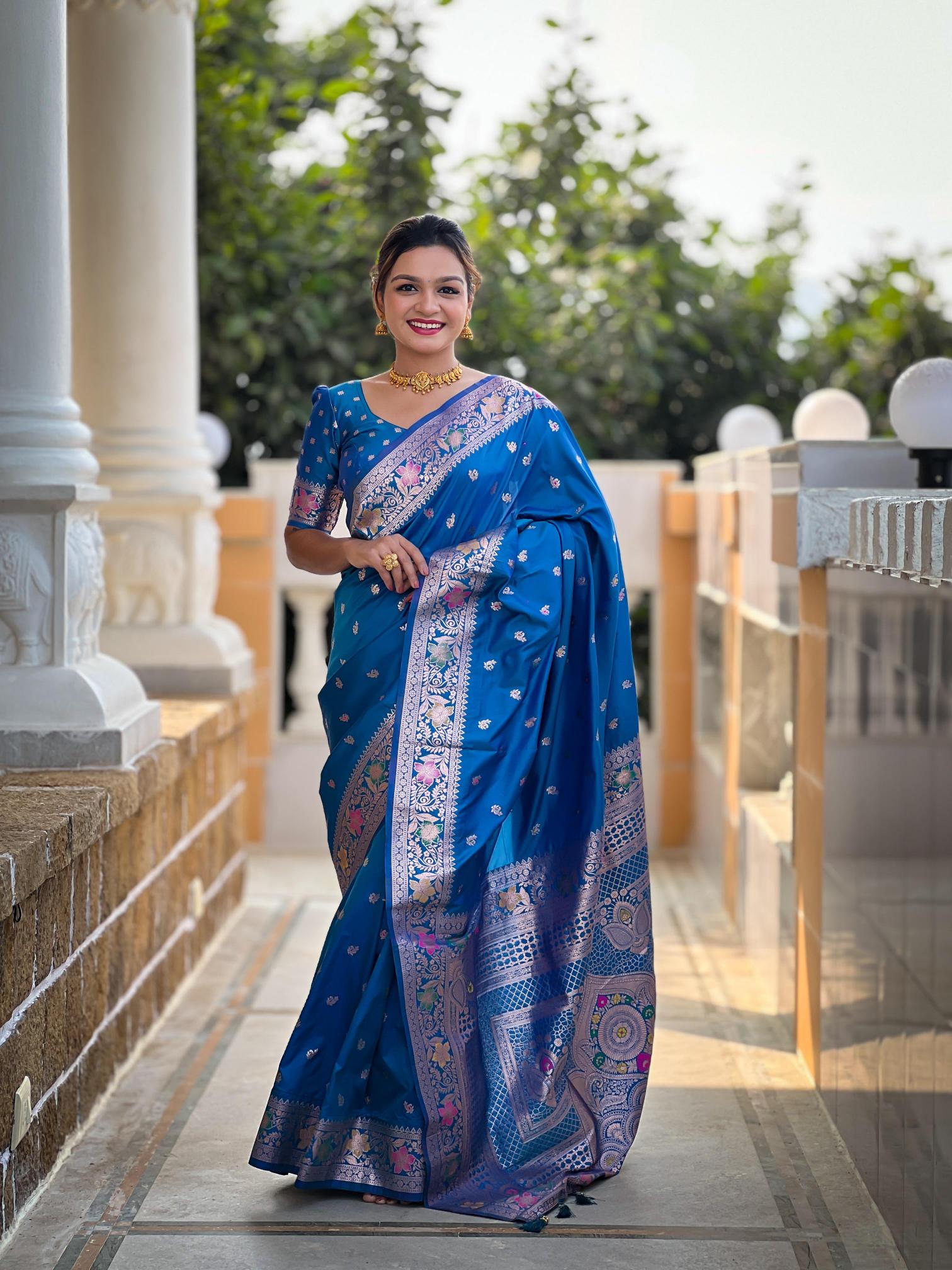 Banarasi-5 soft silk saree & rich pallu with blouse & silver border surat saree wholesale market