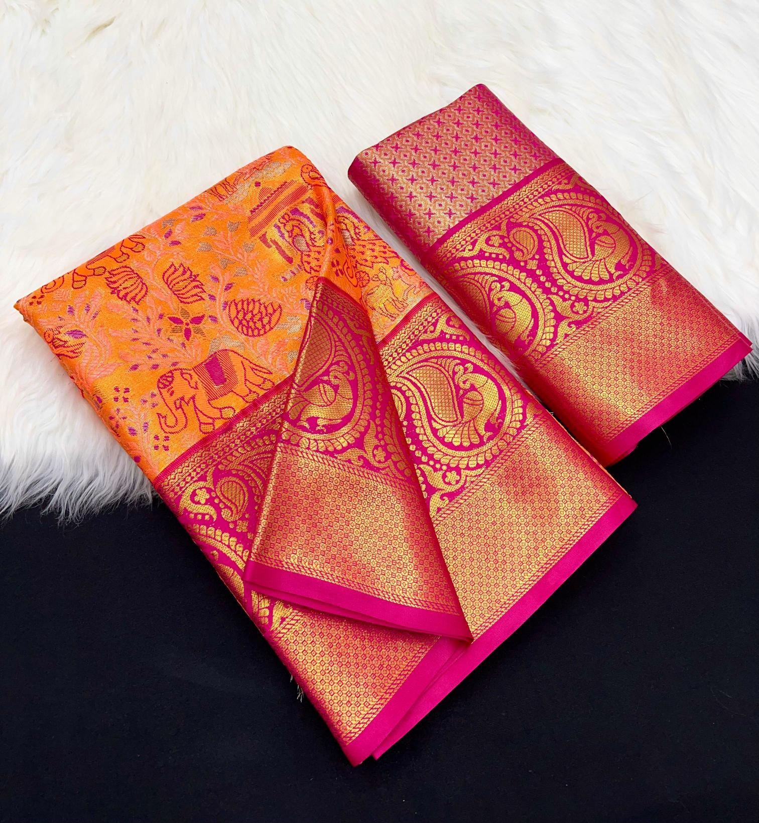 Bridal silk pushpa-vol-1 kanjivaram semi silk sarees & contrast khaddi border surat wholesale saree market