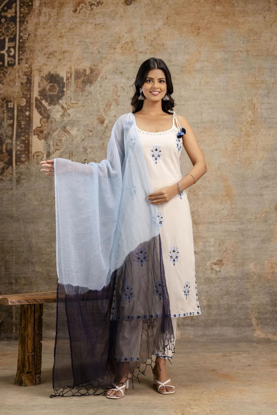 Cotton flex embroidered 3 pcs suits with kota dhoriya dupatta direct manufacturer of kurtis