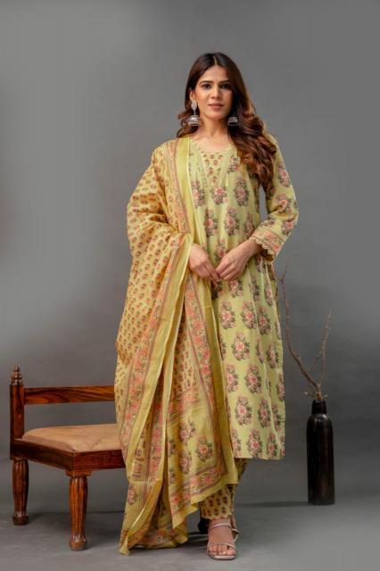 Cotton suits top bottom dupatta set with organza lace branded kurtis wholesale