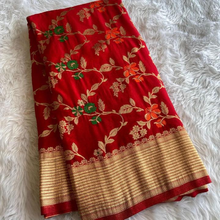 Crepe khadi silk saree & elegant zari pallu with running butti blouse surat saree market