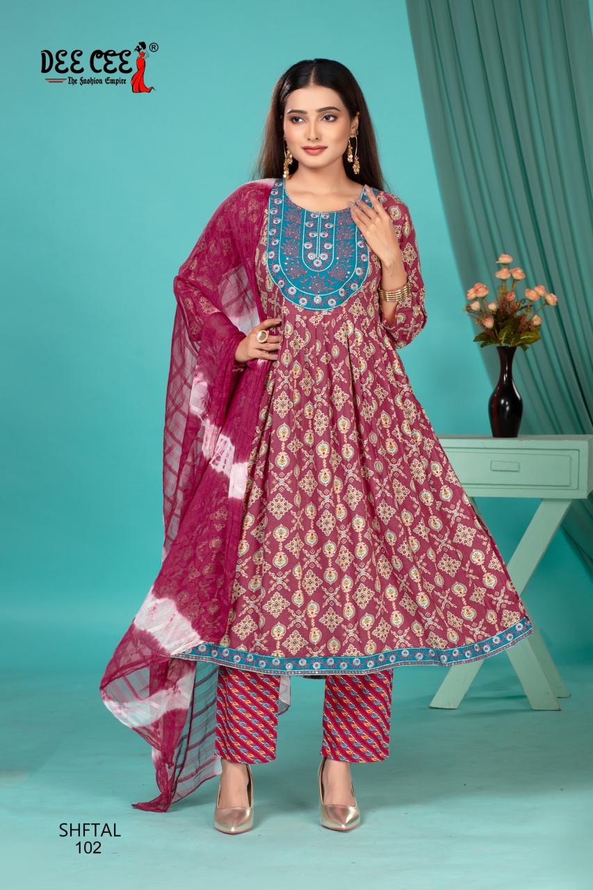Deecee shftal rayon foil print top bottom dupatta kurta set manufacturer