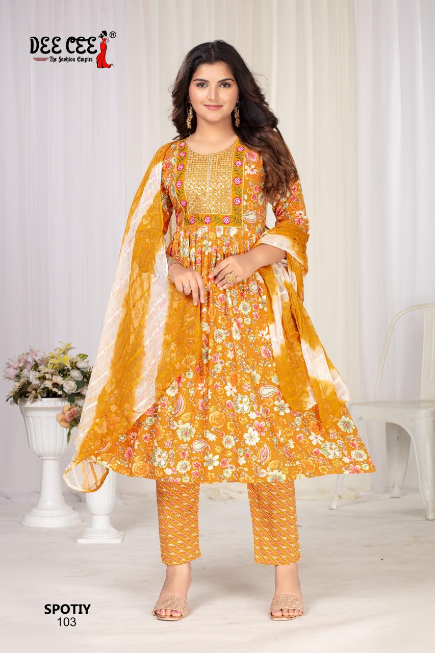 Deecee spotiy rayon foil print top bottom dupatta kurti set manufacturer